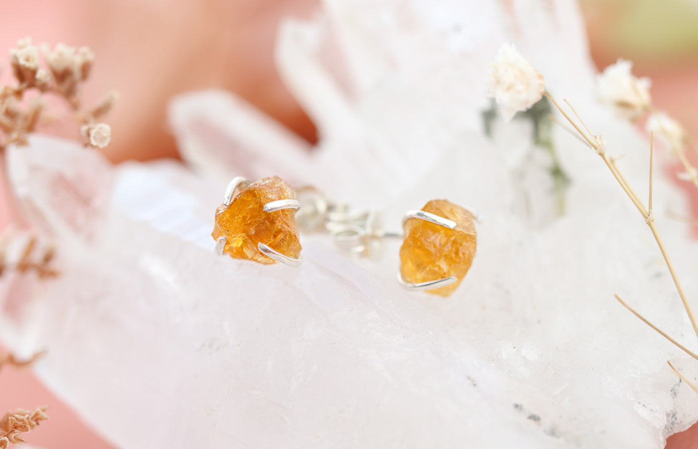 Citrien ruw oorbellen zilver