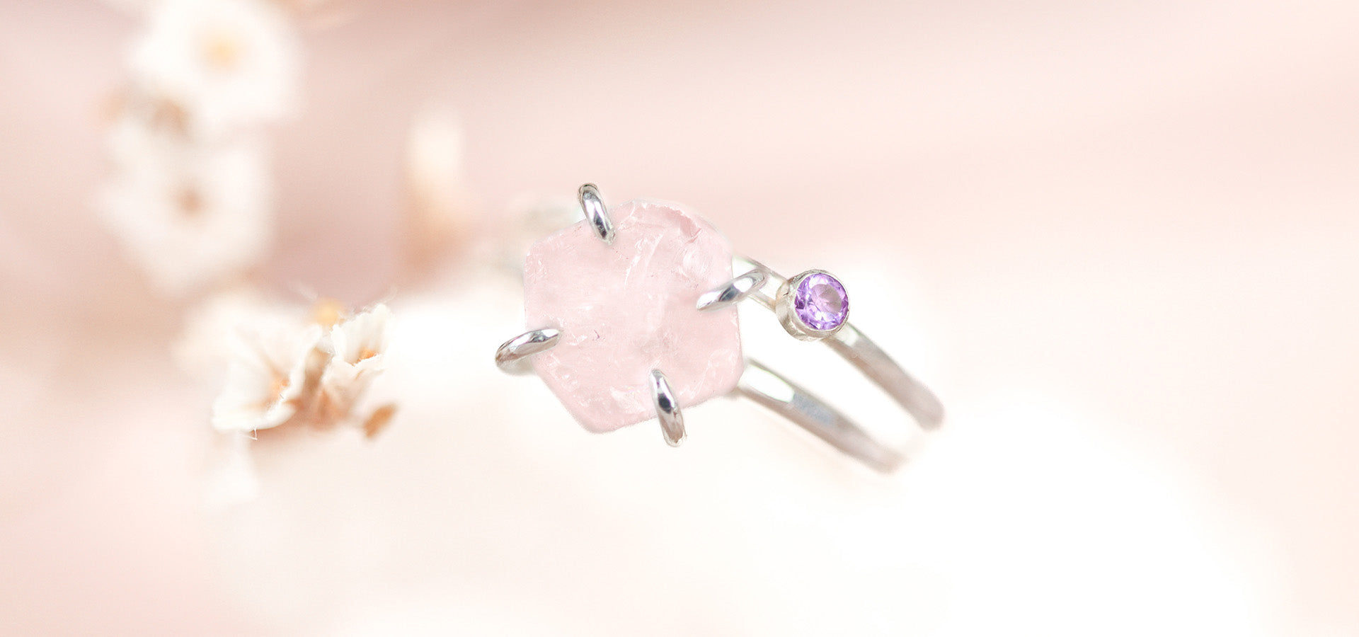 Rozekwarts + Amethist ringen