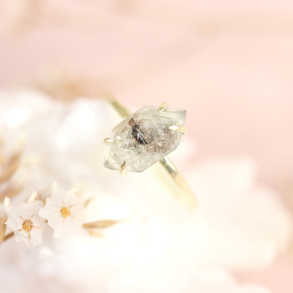 Herkimer diamant ring 14kt geelgoud, geboortesteen april