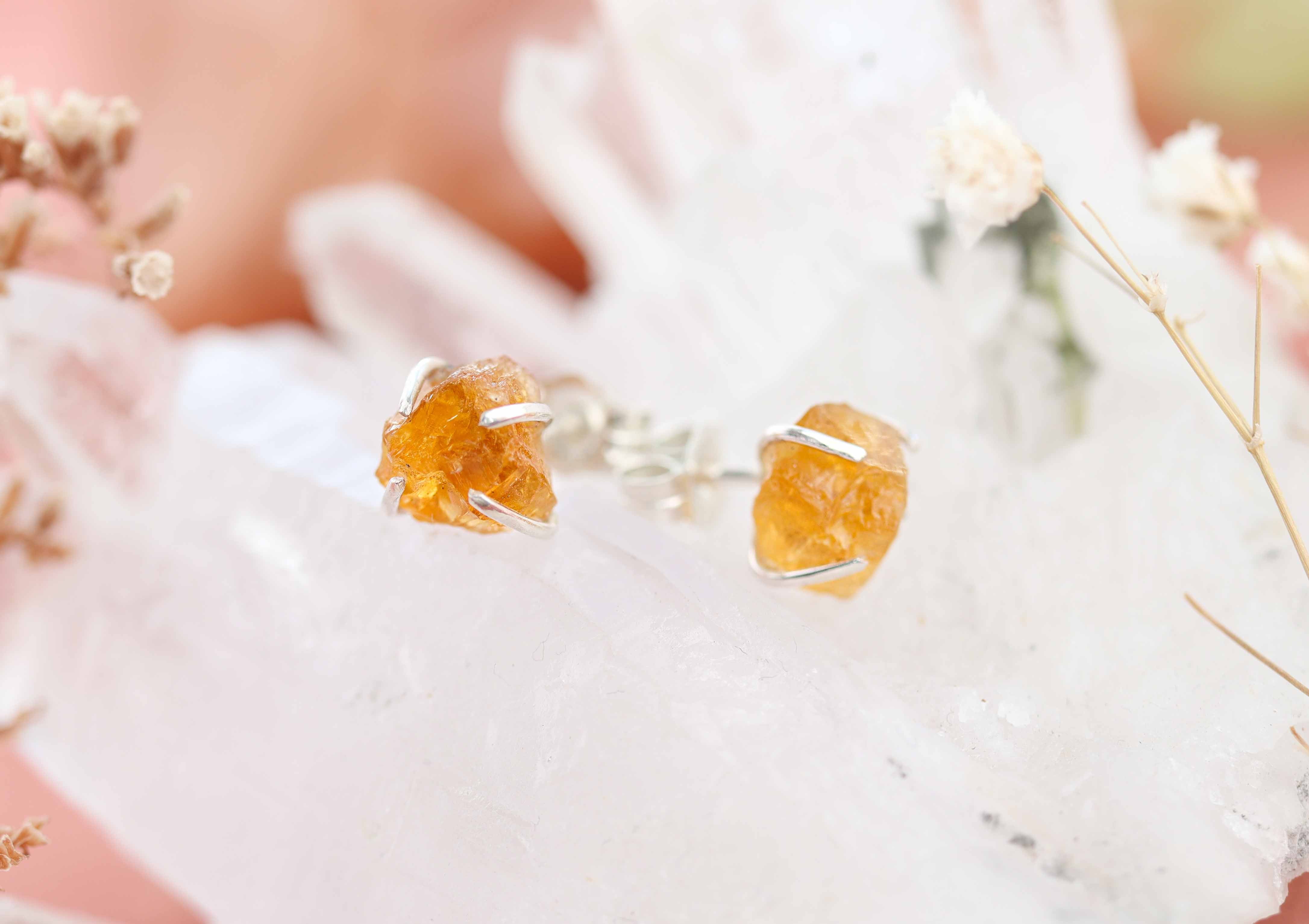 Citrien ruw oorbellen zilver