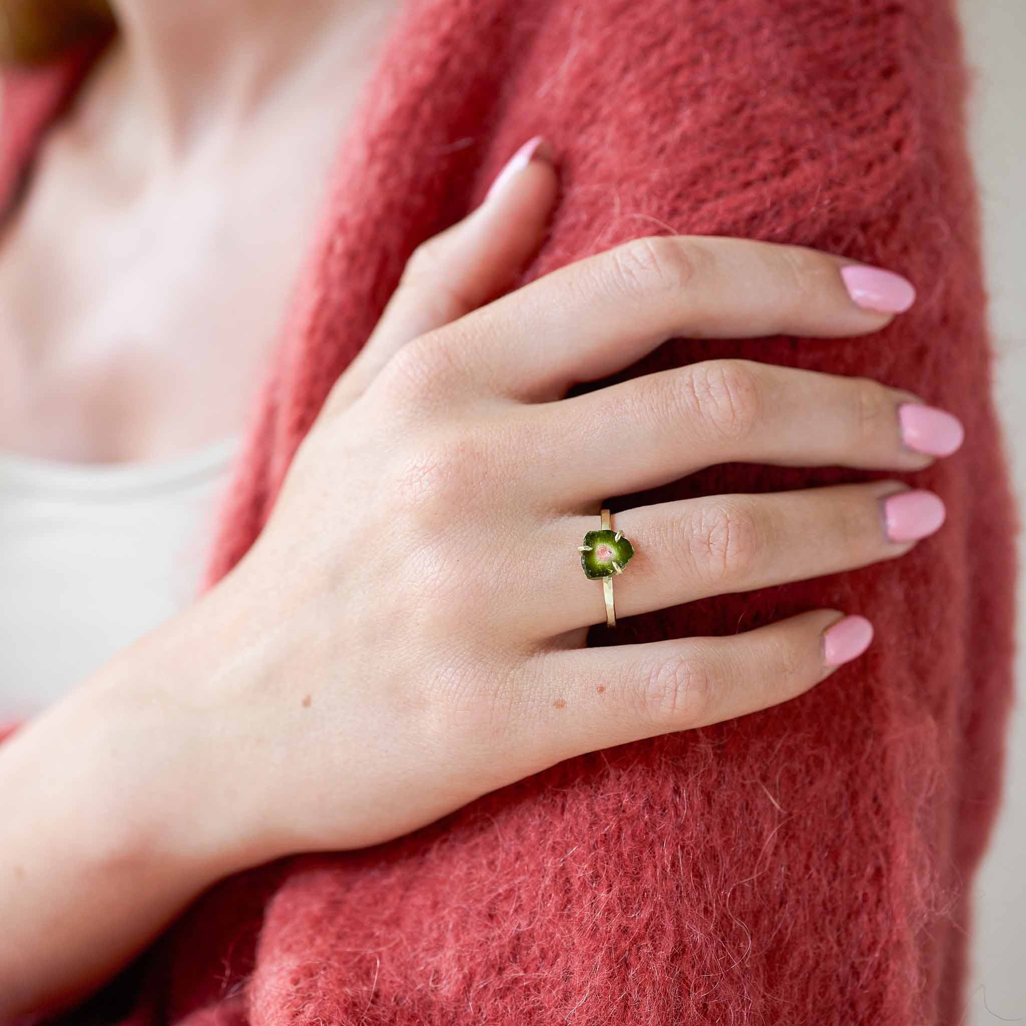 Watermeloen Toermalijn groen roze 14kt goud Ring