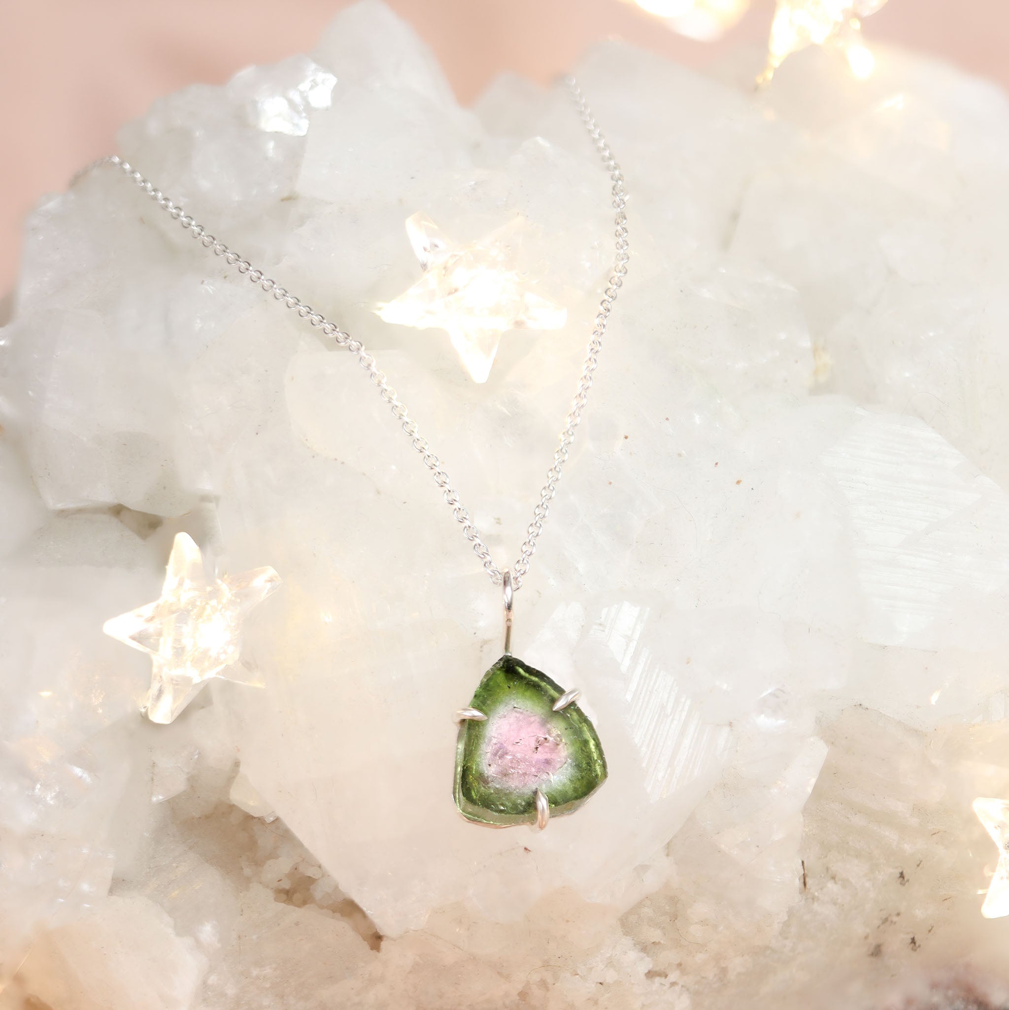 Watermeloen Toermalijn ketting, feestdagen cadeau vrouw zilver kerst